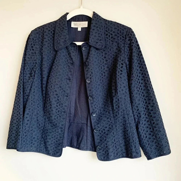 WORTH Size 6 Navy Blue 3/4 Sleeves Eyelet Jacket Top New! - Picture 1 of 4
